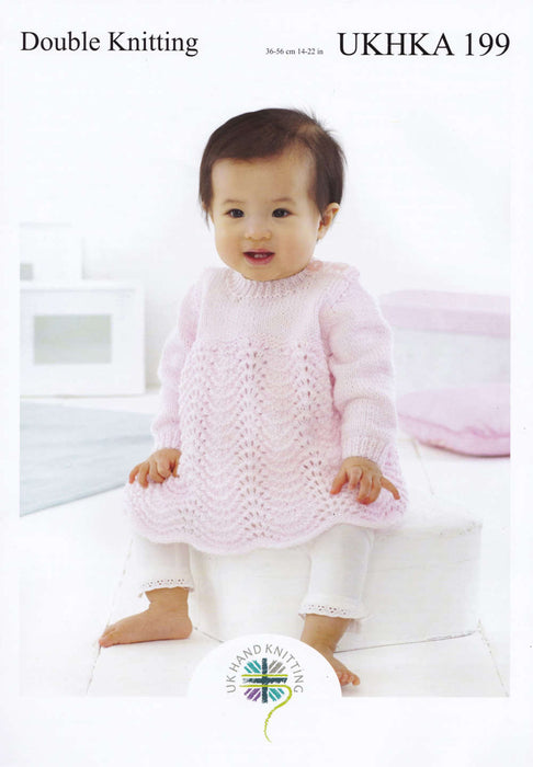 UKHKA 199 Double Knitting Pattern - DK Baby / Children Dress & Jacket (14-22 in)