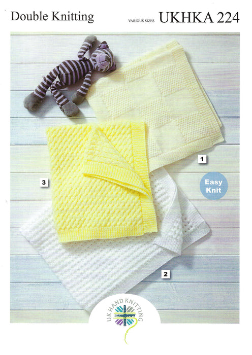 UKHKA 224 Double Knitting Pattern - Easy Knit Baby Blankets DK