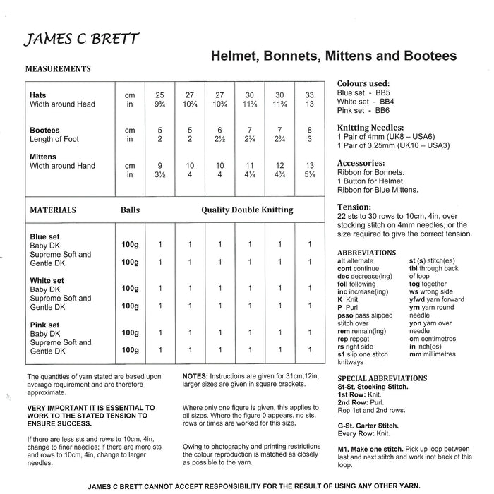 James C Brett JB008 Double Knitting Pattern - Baby DK Helmet, Bonnets, Mittens & Bootees