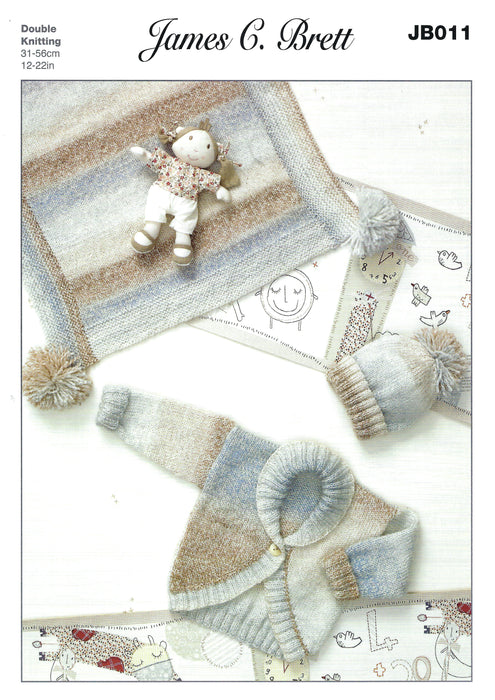 James C Brett JB011 Double Knitting Pattern - Baby DK Cardigan, Hat and Blanket (12-22 in)