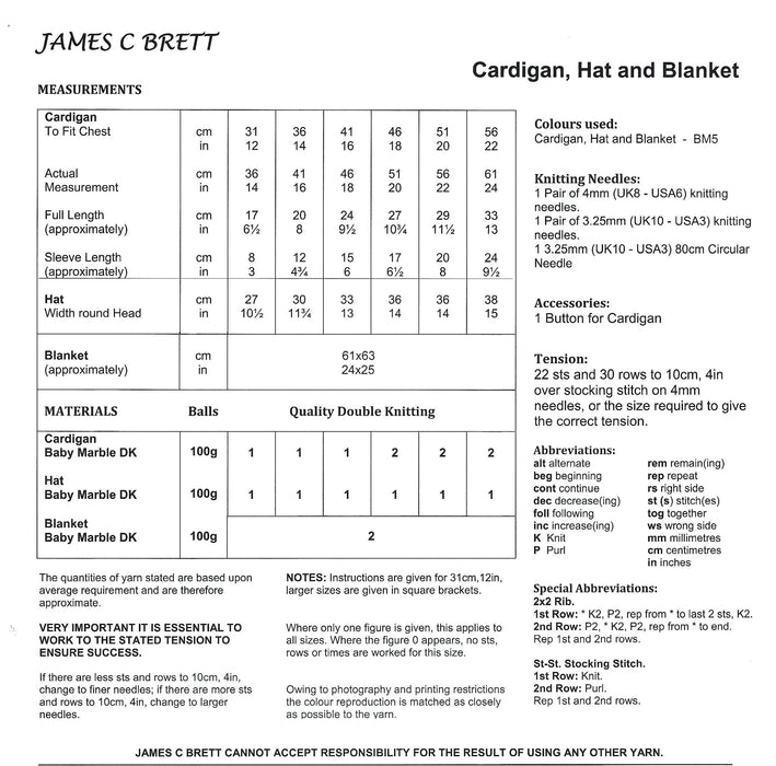 James C Brett JB011 Double Knitting Pattern - Baby DK Cardigan, Hat and Blanket (12-22 in)