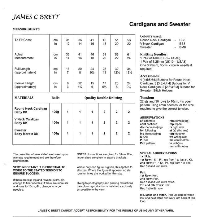 James C Brett JB027 Double Knitting Pattern - Baby Cardigans & Sweater DK (12-22 in)