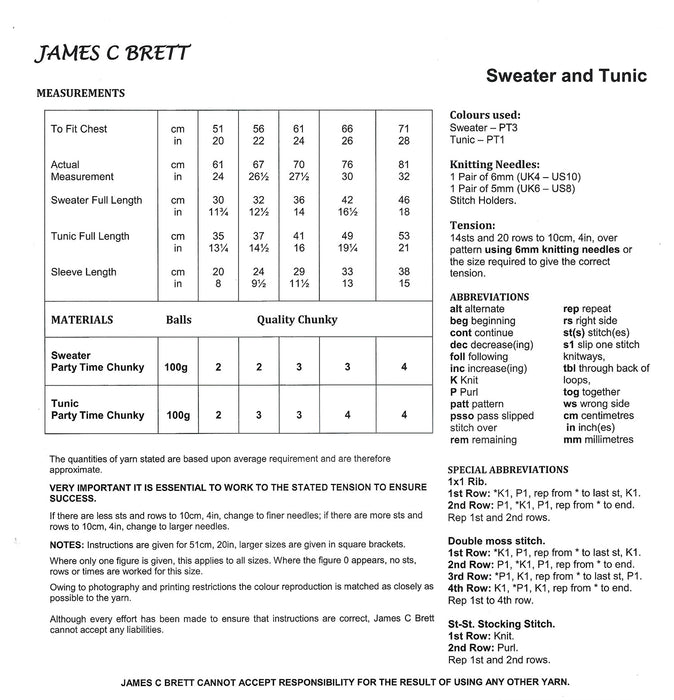 James C Brett JB340 Chunky Knitting Pattern - Sweater & Tunic for Children (51-71cm / 20-28 in)