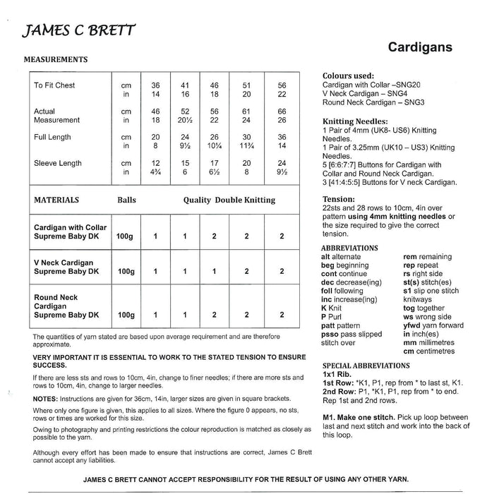 James C Brett JB445 Double Knitting Pattern - Baby Cardigans DK (14-22 in)