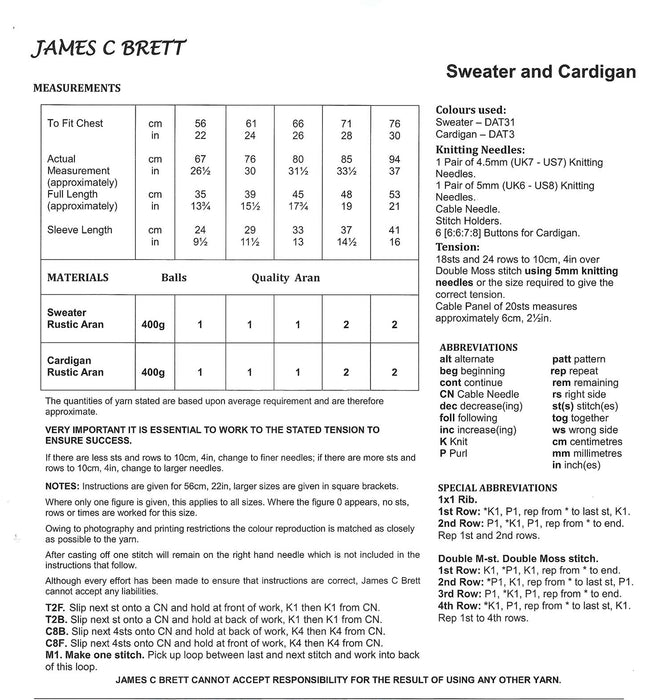 James C Brett JB576 Aran Knitting Pattern - Chlldren's Cardigan & Sweater (22 - 30 in)
