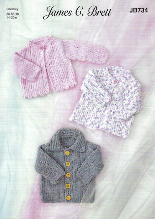 James C Brett JB734 Knitting Pattern - Baby Jacket & Cardigans Knitted With Flutterby Chunky Yarn