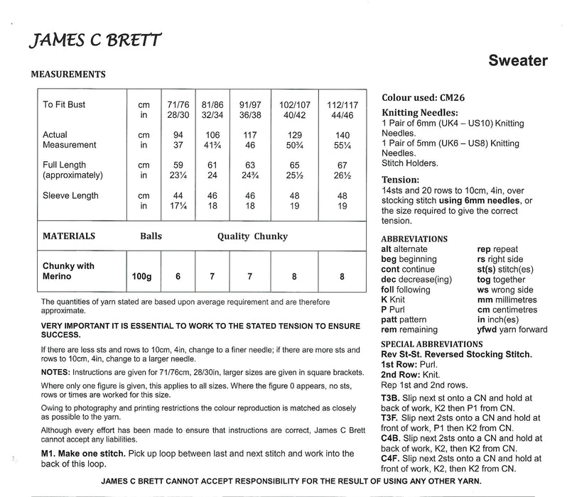 James C Brett JB752 Chunky Knitting Pattern - Ladies Sweater