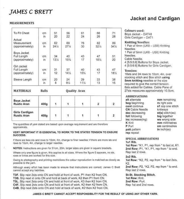 James C Brett JB764 Aran Knitting Pattern - Children's Jacket & Cardigan (20 - 28 in)