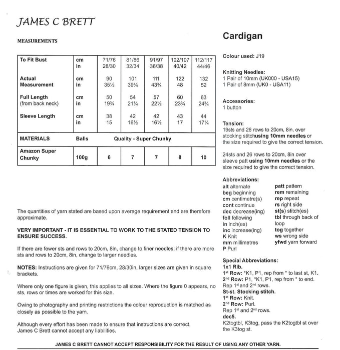 James C Brett JB780 Super Chunky Pattern - Ladies Cardigan