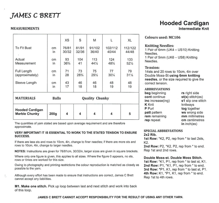 James C Brett JB798 Chunky Knitting Pattern - Ladies Hooded Cardigan - Intermediate Knit