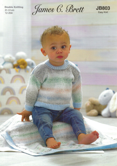 James C Brett JB803 Double Knitting Pattern - Easy Knit - Baby Sweaters, Hat & Blanket DK
