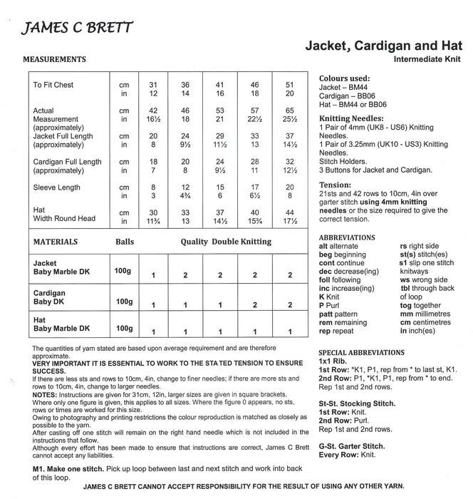 James C Brett JB804 Double Knitting Pattern - Intermediate Knit - Baby Jacket, Cardigan & Hat DK