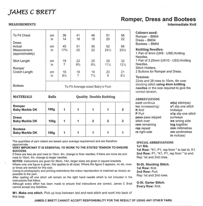 James C Brett JB805 Double Knitting Pattern - Intermediate Knit - Baby Romper, Dress & Bootees DK