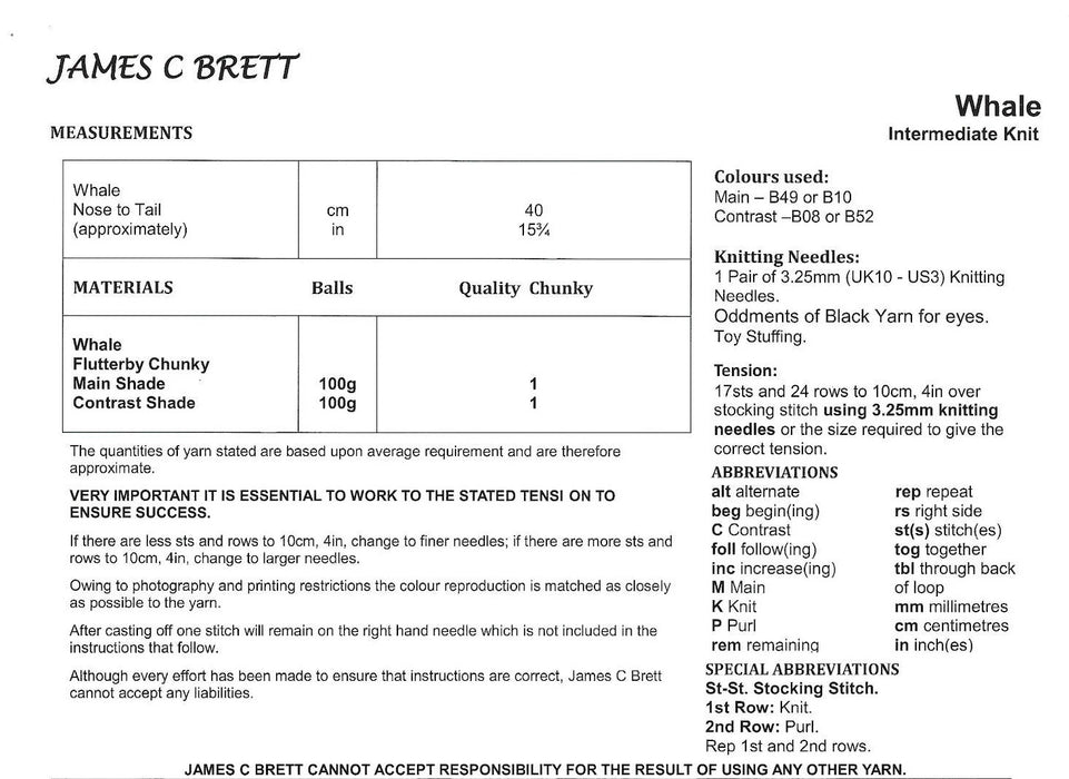 James C Brett JB807 Toy Knitting Pattern -  Flutterby Chunky Whale Pattern (Intermediate Knit)