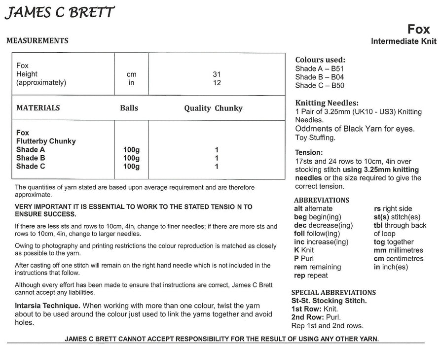 James C Brett JB808 Toy Knitting Pattern -  Flutterby Chunky Fox Pattern (Intermediate Knit)