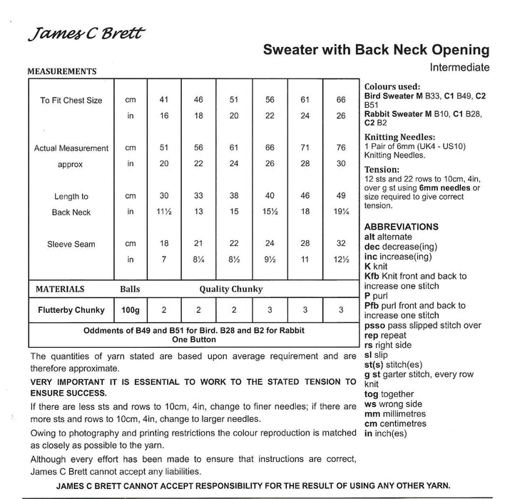 James C Brett  Knitting Pattern JB832 - Children's Bird & Rabbit Sweaters Knitted With Flutterby Chunky Yarn