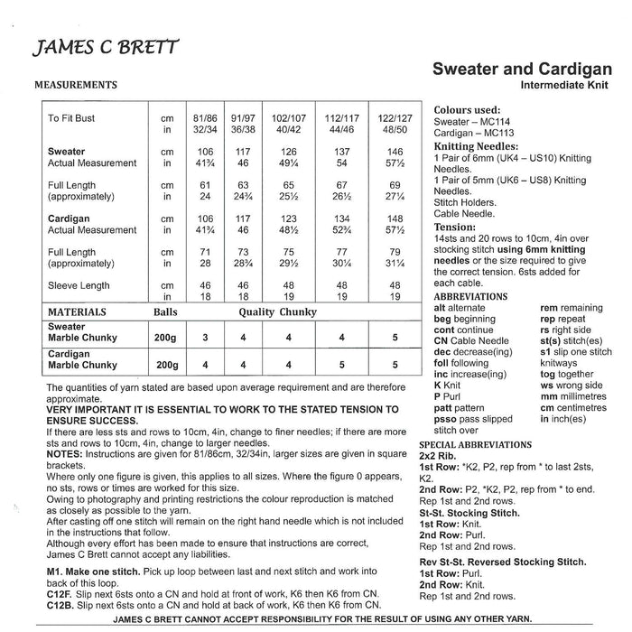 James C Brett JB841 Chunky Knitting Pattern - Ladies Sweater & Cardigan (Intermediate Knit)