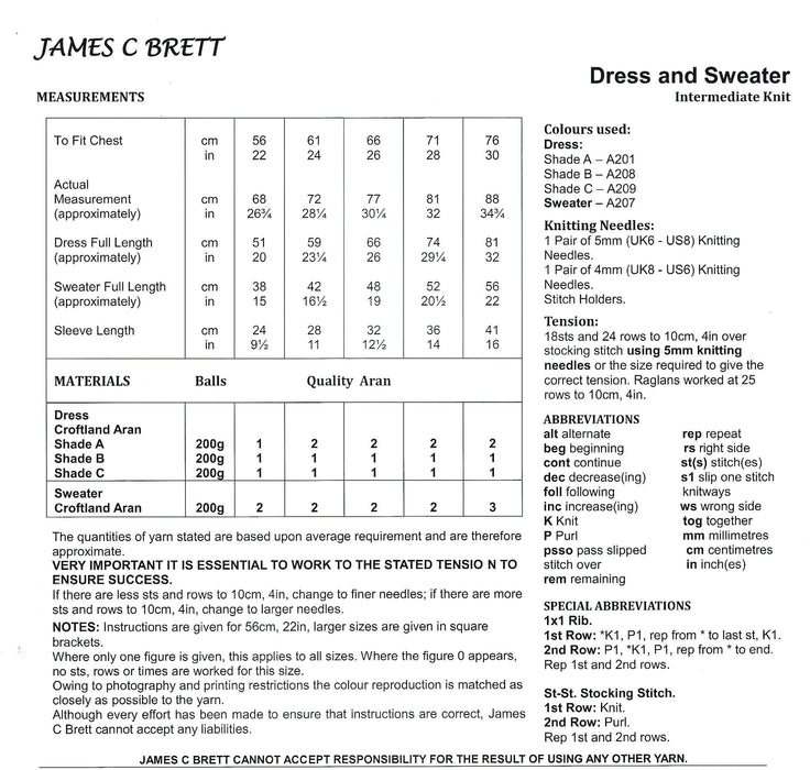 James C Brett Aran Knitting Pattern JB856 - Children's Dress & Sweater (Intermediate Knit)