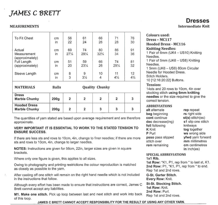 James C Brett Chunky Knitting Pattern JB857 - Children's Dresses & Sweater (Intermediate Knit)