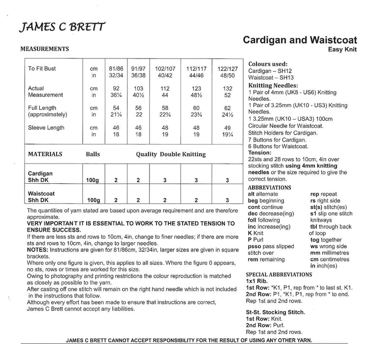 James C Brett JB867 Double Knitting Pattern for Ladies - DK Cardigan & Waistcoat (Easy Knit)