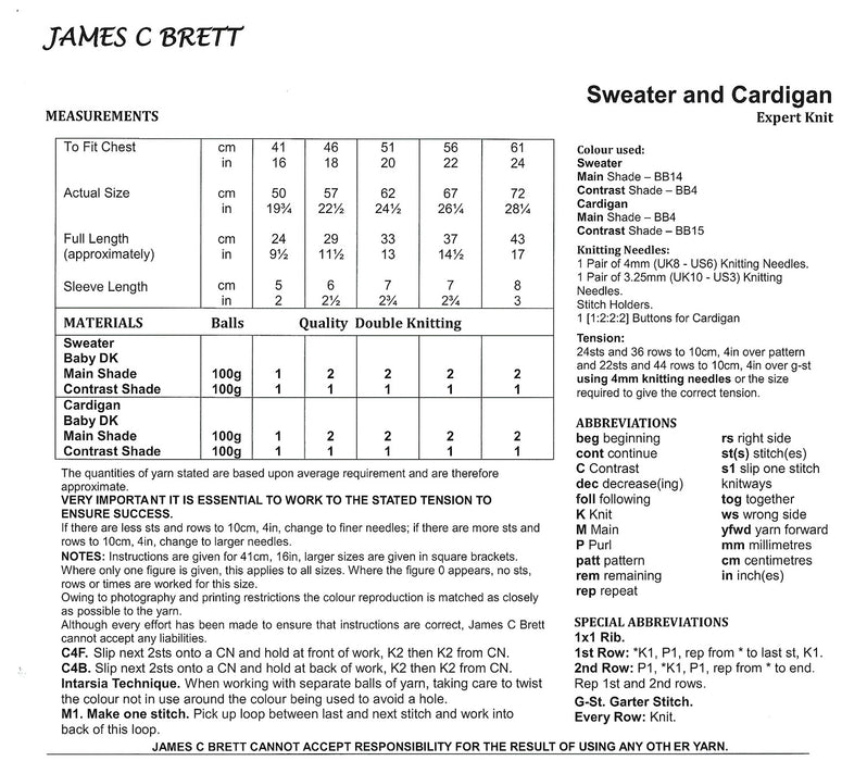 James C Brett JB871 Double Knitting Pattern - Expert Knit - Children's Sweater & Cardigan (16 - 24in)