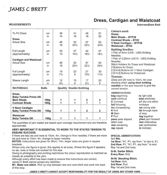 James C Brett DK Knitting Pattern JB882 - Baby Dress, Cardigan & Waistcoat - Intermediate Knit (14-20in)