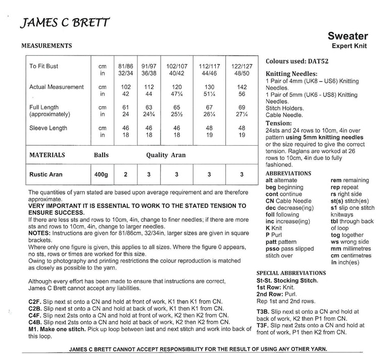 James C Brett JB892 Aran Knitting Pattern - Ladies Sweater - Expert Knit
