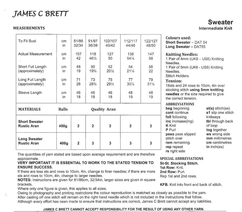 James C Brett JB893 Aran Knitting Pattern - Ladies Sweaters - Intermediate Knit