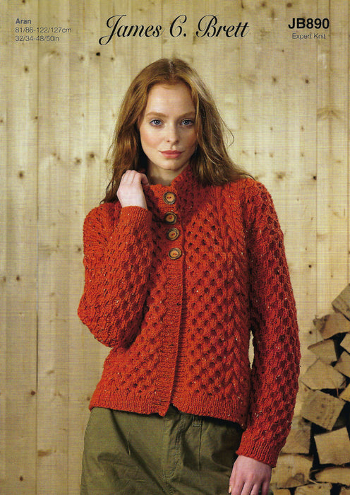 James C Brett JB890 Aran Knitting Pattern - Ladies Cardigan - Expert Knit