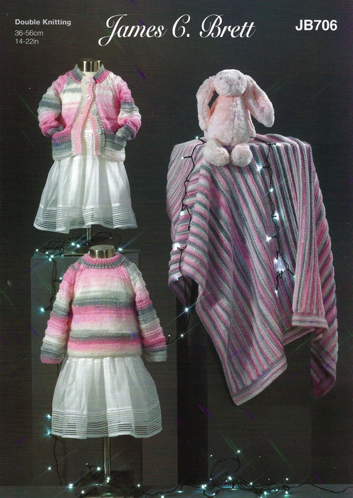 James C Brett JB706 Double Knitting Pattern - Baby DK Cardigan, Sweater & Blanket (0 - 2 years)