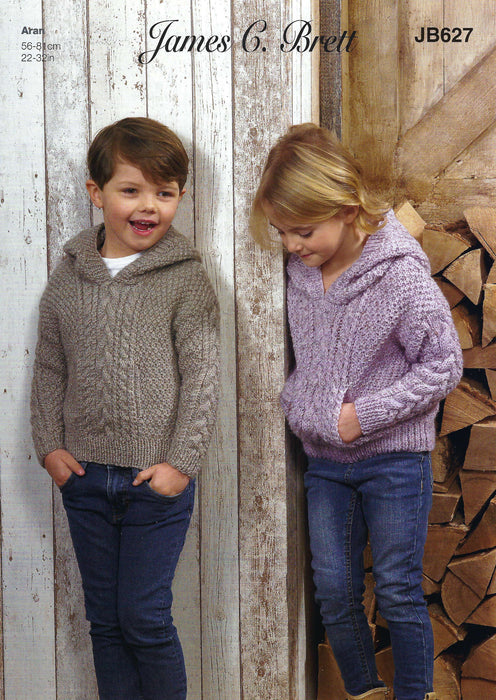James C Brett JB627 Aran Knitting Pattern - Hooded Sweaters for Children (56-81cm / 22-32 in)
