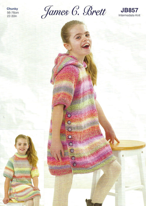 James C Brett Chunky Knitting Pattern JB857 - Children's Dresses & Sweater (Intermediate Knit)