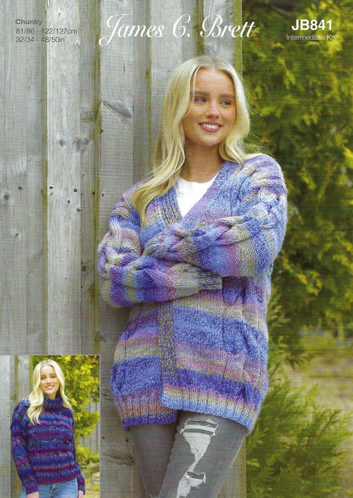 James C Brett JB841 Chunky Knitting Pattern - Ladies Sweater & Cardigan (Intermediate Knit)