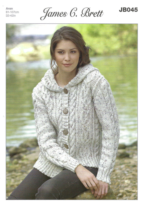 James C Brett JB045 Aran Knitting Pattern for Ladies - Hooded Jacket