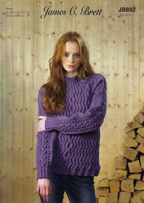 James C Brett JB892 Aran Knitting Pattern - Ladies Sweater - Expert Knit