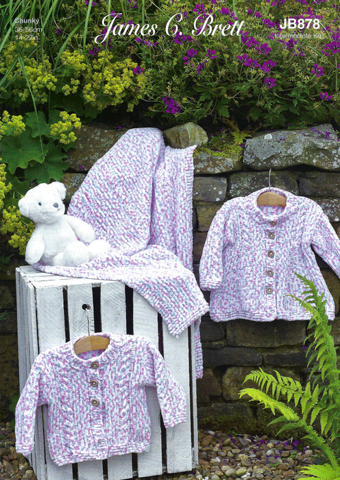 James C Brett  Knitting Pattern JB878 - Jacket, Cardigan & Blanket Knitted With Flutterby Chunky Yarn
