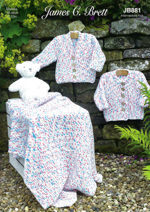 James C Brett  Knitting Pattern JB881 - Cardigans & Blanket Knitted With Flutterby Chunky Yarn
