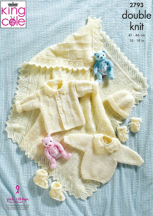 King Cole 2793 Double Knitting Pattern - DK Baby Jacket, Sweater, Hat, Mitts & Bootees and Shawl (16-18 in)
