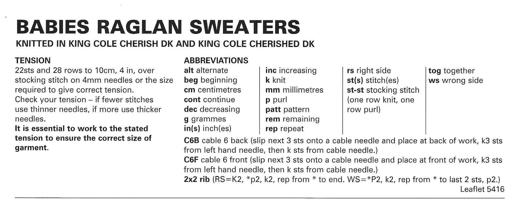 King Cole 5416 Double Knitting Pattern - DK Baby Raglan Sweaters