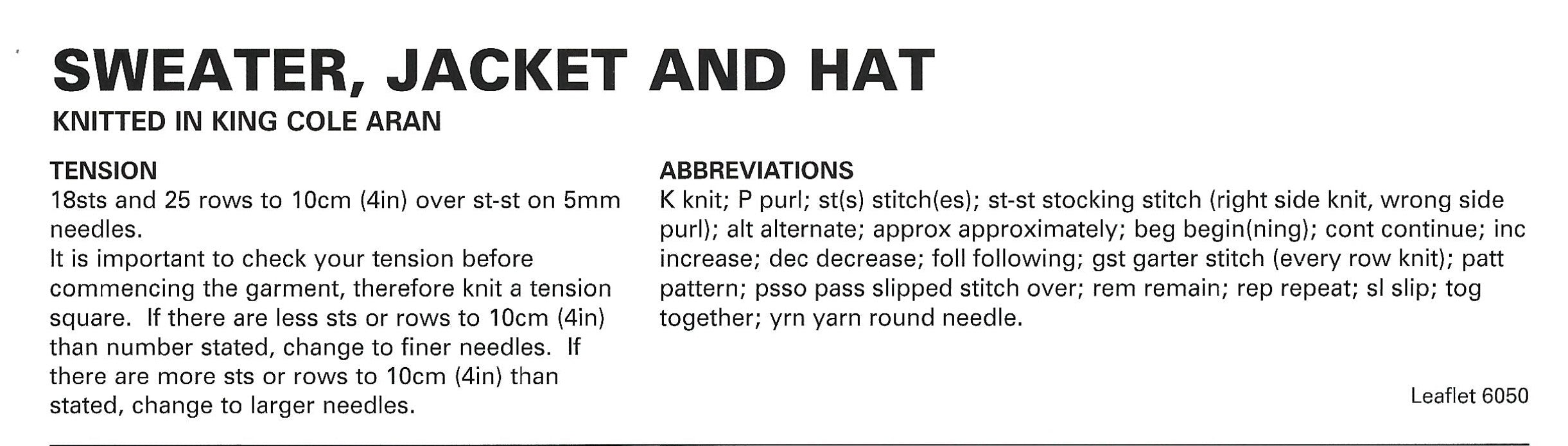 King Cole 6050 Aran Baby Knitting Pattern - Sweater, Jacket, & Hat (3 mnths - 4 Yrs)