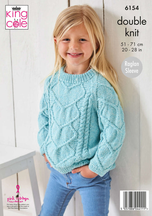 King Cole 6154 Double Knitting Pattern - Children's DK Sweater & Cardigan (20-28in)