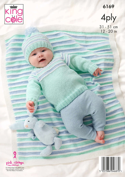 King Cole 6169 4Ply Knitting Pattern - Baby Blanket, Matinee Jacket, Sweater, Bootees & Hat (Prem to 1 yr)