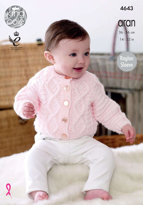 King Cole 4643 Aran Baby Knitting Pattern - Cardigans & Sweater (14 - 22in)