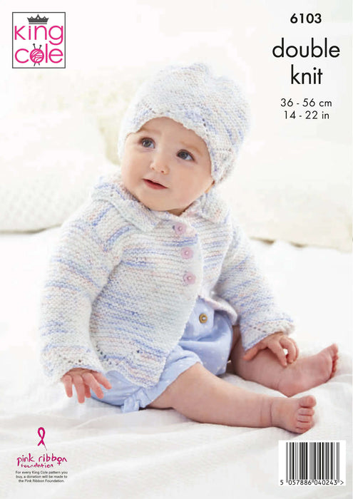 King Cole 6103 Double Knitting Pattern - Baby DK Jackets & Hat (0-4 Years)