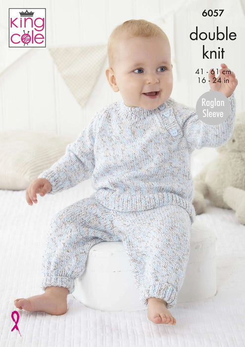 King Cole 6057 Double Knitting Pattern - Baby Sweater, Pinafore Dress & Pants (16 - 24in)