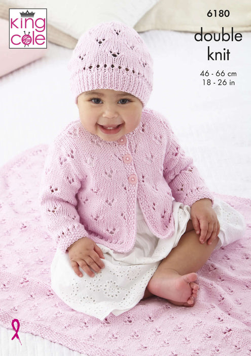 King Cole 6180 Double Knitting Pattern - Cotton DK Baby Cardigan, Hat & Blanket (18-26in)