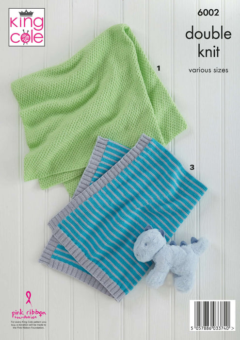 King Cole 6002 Double Knitting Pattern - Baby Blankets - 3 Designs