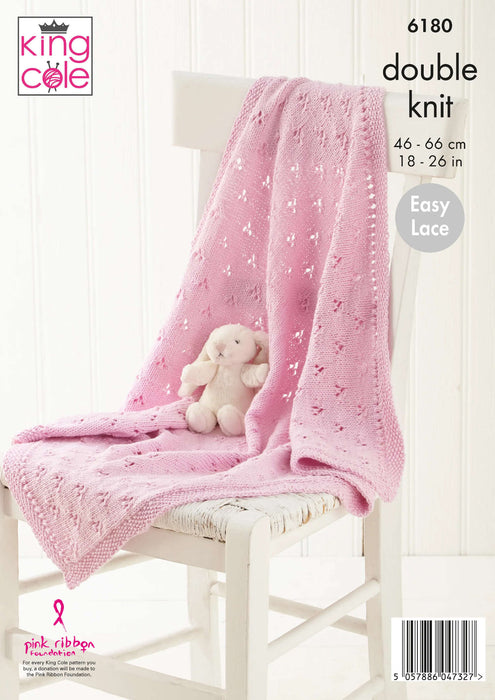 King Cole 6180 Double Knitting Pattern - Cotton DK Baby Cardigan, Hat & Blanket (18-26in)