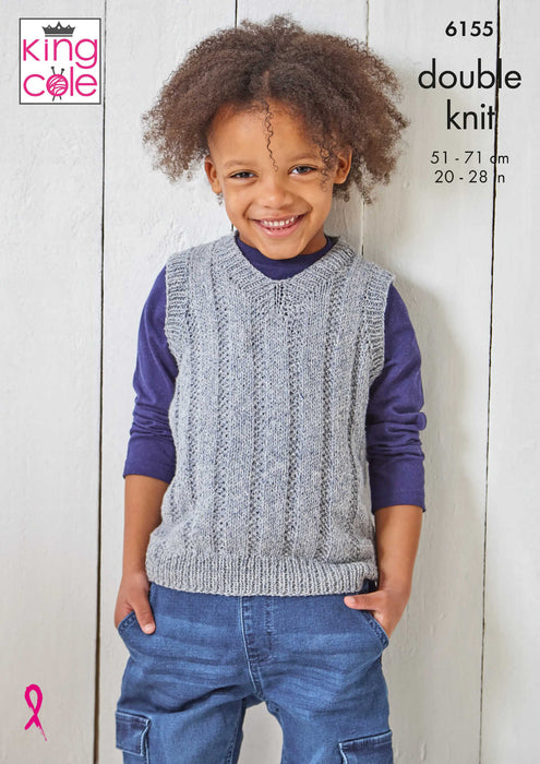 King Cole 6155 Double Knitting Pattern - Children's Sweater & Slipover (20-28in)