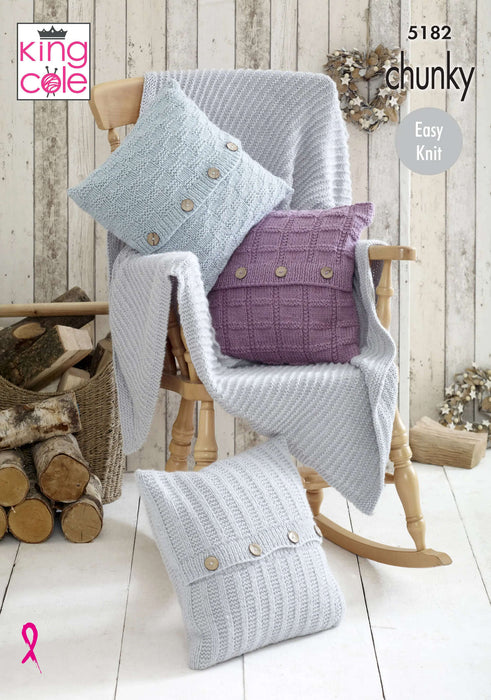 King Cole 5182 Chunky Knitting Pattern - Easy Knit Blanket & Cushion Covers